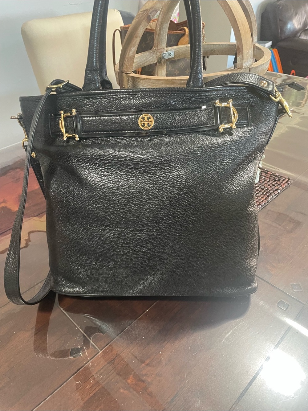 Tory Burch Black Leather Tote with Gold-Tone Logo